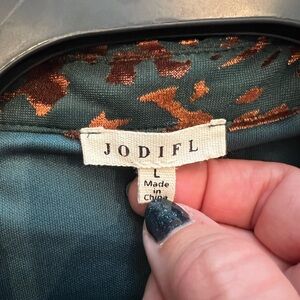 Green burnout, button down dress with bronze velvet animal print.